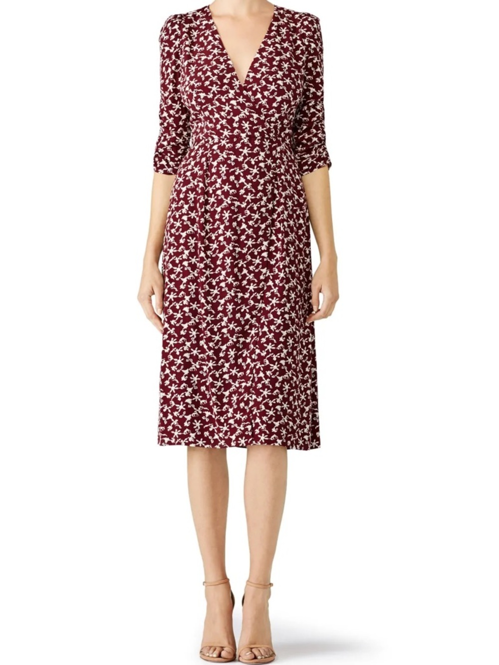ba&sh Coachella Burgundy and Cream Floral V-Neck Midi Dress Size 6